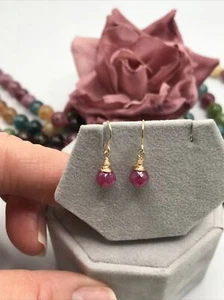 14K Gold Natural Pink Sapphire Briolette Dangle Earrings PETITES - Picture 1 of 11