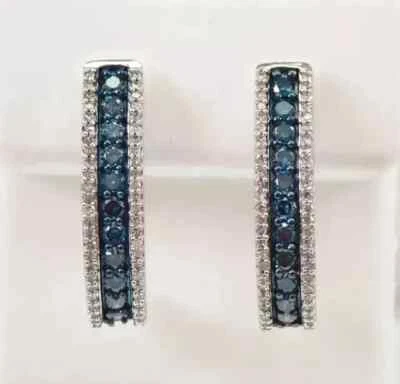 3 克拉圆形切割实验室创建伦敦蓝色黄玉半环耳环镀白金 — 第 1/4 张图片