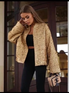 ZARA ZW COLLECTION SEQUIN JACKET GOLD ROUND NECK NEW FW24 SIZE S REF.7925/993 - Picture 1 of 8