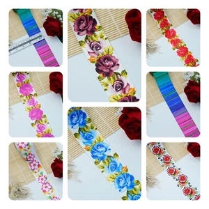 ROSE PRINTED RIBBON RAINBOW FLOWER  48 MM 2 INCH 2 YARD GONA CRAFT EMBELLISHMENT - Picture 1 of 34