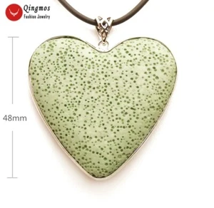 Natural 48mm Green Lava Rock Heart Pendant Necklace for Women 17‘’ Leather n6493 - Picture 1 of 6