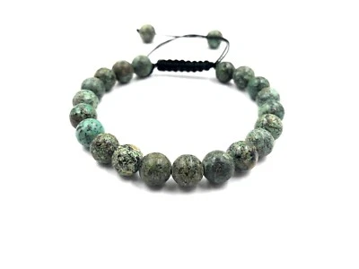 NATURAL AFRICAN TURQUOISE Gemstone 8mm Beads Unisex Adjustable Macrame Bracelet - Image 1 of 3