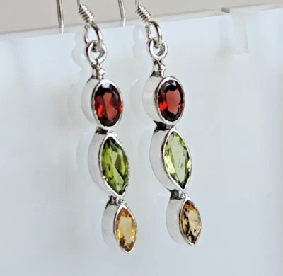 Sterling Silver Garnet Peridot Citrine Dangle Earrings 3g Natural Gemstones - Image 1 of 4