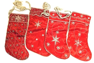 Red Metallic Embroidered Cuffs and Accents Christmas Tassel Stockings Set of 4 - Picture 1 of 15