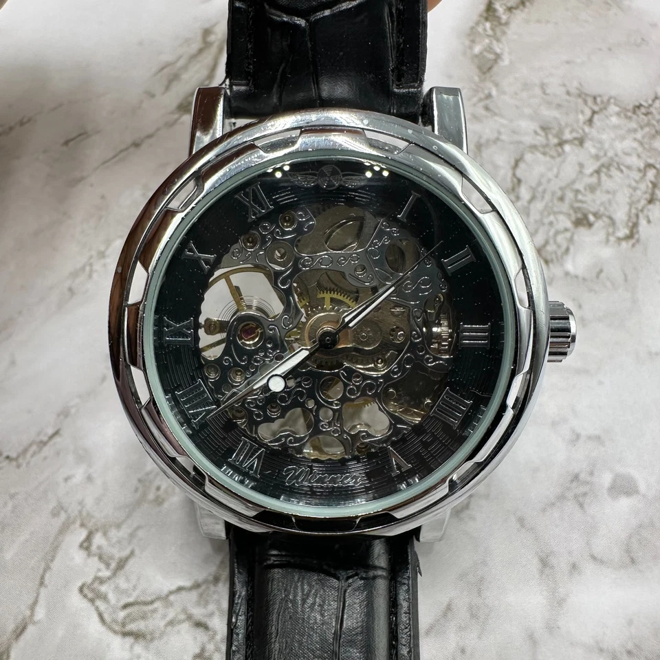 Winner Automatic Watch Men Silver Tone Skeleton Dial 39MM Black Band 9 Inch - Image 1 of 4