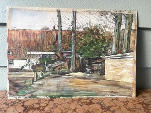 Antigua pintura en acuarela de 1906 J. Weidlich escena de patio pueblo europeo - Imagen 1 de 12