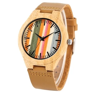 Unique Colorful Dial Wood Watch Women's Bamboo Wooden Quartz Wristwatches Gifts - Picture 1 of 11