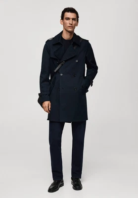 NWT MANGO MNG $229 DARK NAVY WATER REPELLENT BELTED TRENCH COAT SZ M MEDIUM - Image 1 of 4