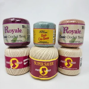 Vtg Lot of 6 JP Coats Royale & South Maid 100% Mercerized Cotton Crochet Thread - Picture 1 of 9