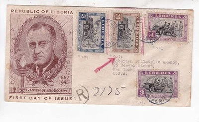 liberia 1945 Sc 296,297,C51 on Roosevelt FDC       e1706 - Image 1 of 2