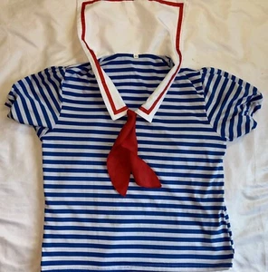 Sailor top XL White & Blue stripes w/ Red (top only) Cosplay Halloween stain - Picture 1 of 4