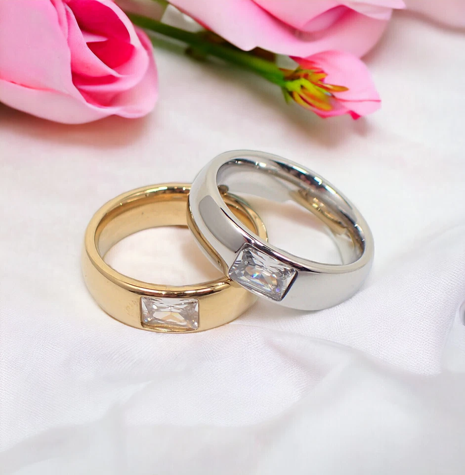 Edelstahlringe Damen Ring mit Stein 7mm Small gold silber 316L Modern Zirkonia - Bild 1 von 3