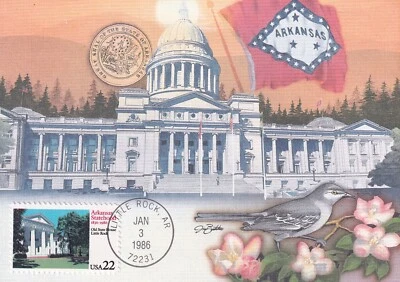 USA 1986 FDC ON MAXI CARD, OLD STATE HOUSE, LITTLE ROCK ARKANSAS STATEHOOD - Image 1 of 2
