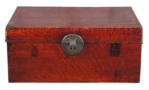 20th Century Chinese Lacquered Red Leather Ming Style Trunk Blanket Chest 30" Cover