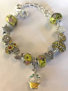 ❤️Europäisches CHARM PERLEN ARMBAND ~ GELB Perlen Sterling Silber vergoldet Kette #1❤️ - Bild 1 von 3