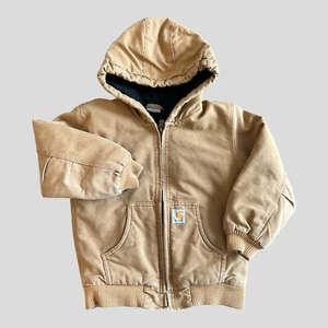 Carhartt Jacket Boys Small 7-8 Quilted Lining Duck Canvas Hooded Tan Brown - Picture 1 of 10