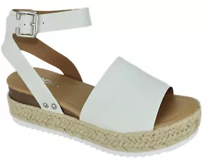 Soda Damen Keilsandalen offene Zehenpartie Riemen flache Form Espadrilles Besatz weiß TOPIC-S - Bild 1 von 3