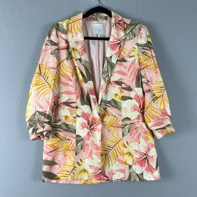 Joie Kishina Linen Blazer Womens 4 Pink Floral Tropical Hawaiian Career Office - Image 1 of 4
