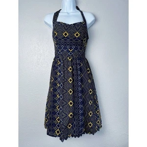 Anthropologie Edme & Esyllte Neckholder Pinup Girl Kleid blau gelb fit and flare 8 - Bild 1 von 12