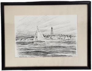 VTG '79 Marblehead Regatta Drawing Framed Signed Nautical Art 12.5x16.5 - Picture 1 of 15