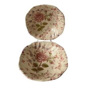 2 cuencos de sopa de cereal Johnson Brothers rosa chintz cupé decoración de cabaña/en mal estado - Imagen 1 de 7