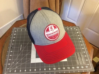 BROWNING MESH BACK HAT BALL CAP BUCKMARK ARMS PATCH LOGO RED BLUE & GRAY - Image 1 of 4