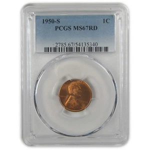 1950 S Lincoln Wheat Cent MS 67 RD PCGS Penny Uncirculated SKU:I22408 - Picture 1 of 4