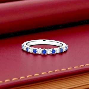 0.60 Ct Lab Created Blue Sapphire & Diamond Band Ring Round Cut 950 Platinum - Picture 1 of 10