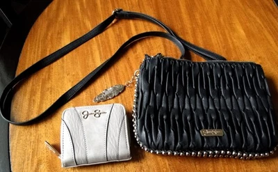 Jessica Simpson Woman's Cross Body Black Gold Beads + JS Tan Wallet - Image 1 of 4