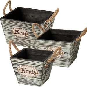 Wood Planter Box Set of 3 Rectangular Small Wooden Flower Boxes Square Rustic... - Picture 1 of 6