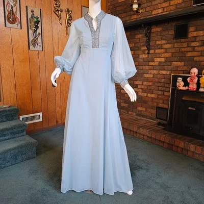 De Colección Años 70 Soñador Gasa Mangas Obispo Polvo Azul Baile de graduación Vestido Embrujado M Foto 1 de 4