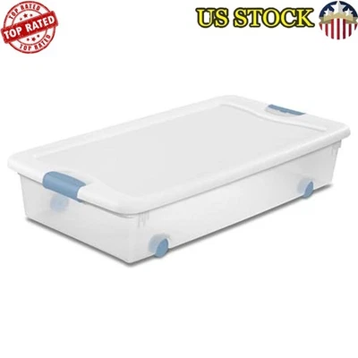 Stackable Plastic Storage Bins W/ Latch Lids Wheels Home Organization 4-Pack New - Image 1 of 4