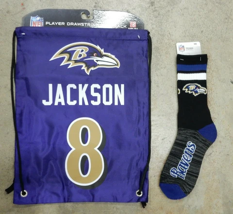 2 Pack NFL Baltimore Ravens Lamar Jackson Jersey Drawstring Bag Script Socks Cover