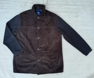 Vintage Burberry Suede Jacket Mens Large Brown Knit Logo Buttons Made in Spain - Picture 1 of 13