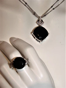 Set Onyx Ring Anhänger Silber Onyx gestempelt 925 Größe 57,5 - Picture 1 of 12