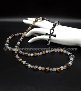 Collar Rosario Anglicano Dragón Ankh, Cruz Ankh Negra, Ágata Vena Dragón - Imagen 1 de 5