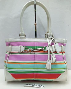 Coach Hampton Multicolor Canvas White Leather Trim Stripes Satchel Tote Bag - Picture 1 of 13