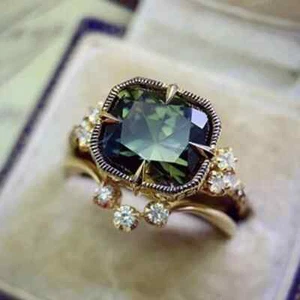 18K Gold Filled Rich Emerald Green Crystal 2Pcs Ring Set With Zirconia Size N1/2 - Picture 1 of 2