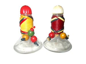 Vintage Glass Salt & Pepper Shakers Yellow Red Wrapped Cord & Beads Pair - Picture 1 of 6