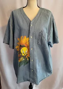 Vintage ☆TWEETY☆ Denim Baseball Jersey Looney Tunes Shirt Popart XL RARE! - Picture 1 of 9