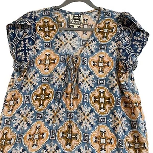 Jaase Dress Size M Blue Pattern Short Sleeve Boho Tassel Side Slit Knee Length - Picture 1 of 19