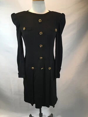 Vestido Adolfo Manga Larga Negro Mezcla Lana Tejido con Botones Dorados Talla Mediana Foto 1 de 4