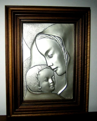 QUADRO ACCA ARGENTO 996 Madonna con Bambino Bassorilievo Artigianale Vintage - Immagine 1 di 4