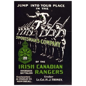 IMÁN NEVERA póster de reclutamiento de los Rangers canadienses irlandeses, Guerra Mundial 1914 - Imagen 1 de 7