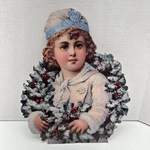 Christmas holiday Victorian 12" Die Cut Boy w/ Wreath Old Print Factory Glitter - Picture 1 of 8