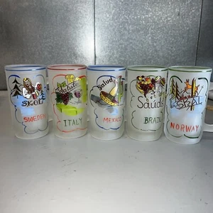 Vintage Frosted Beer Glasses Sweden-Italy-Mexico-Brazil-Norway Five Glasses - Picture 1 of 21