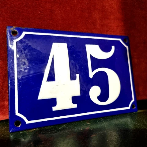 Vintage French enamel house domed sign white raised number 45 for mailbox , wall Cover