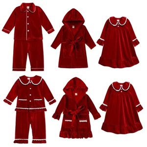 Long Sleeve Children Pyjamas Set Red Velvet Christmas Dress Kids Baby Boy Girl - Picture 1 of 12