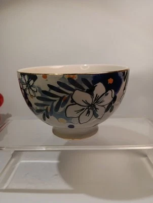 Anthropologie Astian Bowl Hedgehog Blue Flowers Soup Cereal Gold Dots RARE! - Image 1 of 4