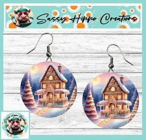 Earrings Round Silver Hook Backs Christmas Gingerbread House Holiday Winter - Picture 1 of 4